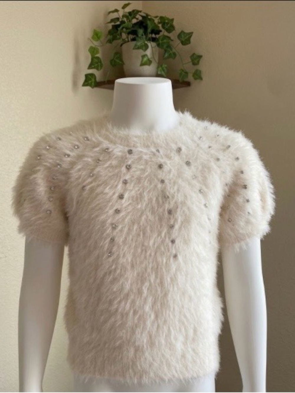Muse kids size Cream Fuzzy Short-Sleeve Knit Top with Stud Embellishments